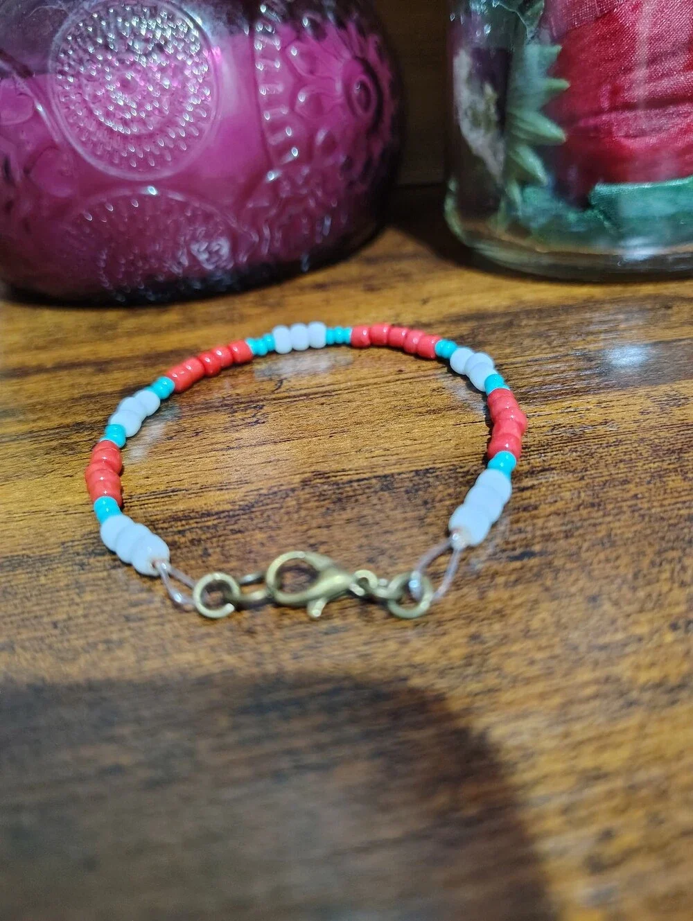 Handmade Men's Beaded Bracelet in Red Coral, Turquoise & White